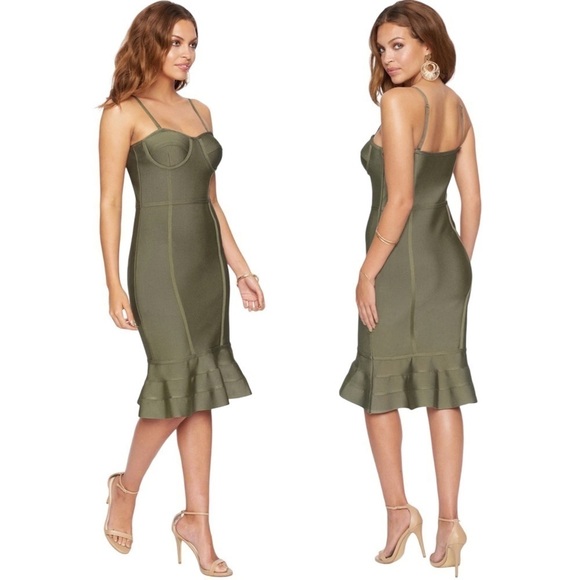 BEBE BUSTIER BODYCON OLIVE GREEN STRETCH MERMAID HEM MIDI DRESS - Picture 1 of 14